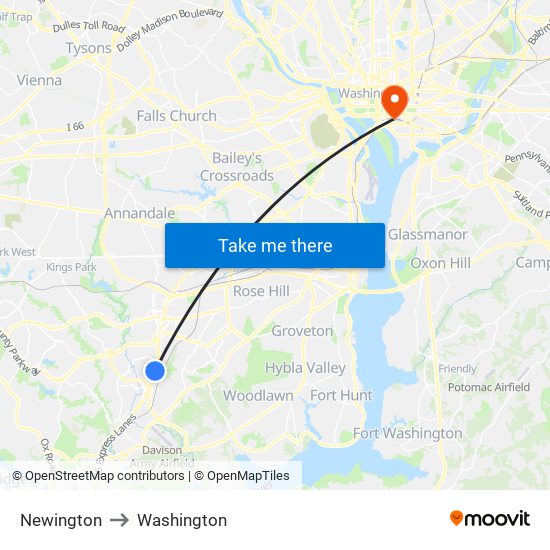 Newington to Washington map