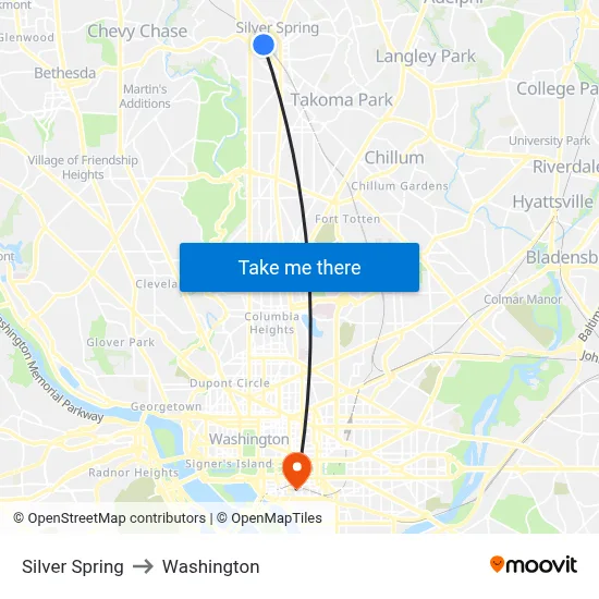Silver Spring to Washington map