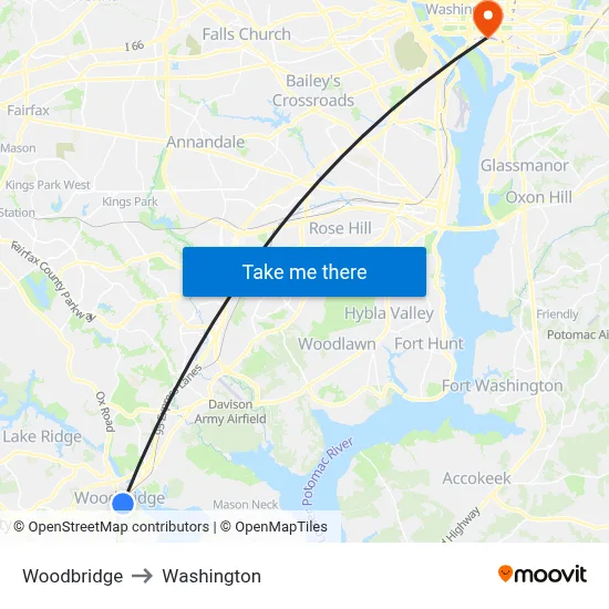 Woodbridge to Washington map