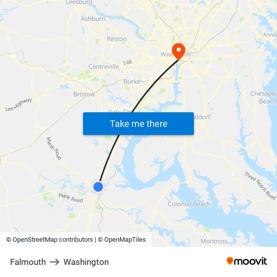 Falmouth to Washington map