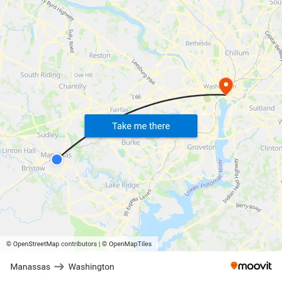 Manassas to Washington map
