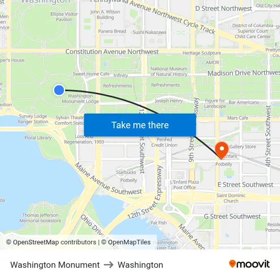 Washington Monument to Washington map