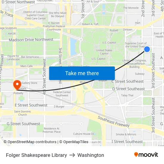 Folger Shakespeare Library to Washington map