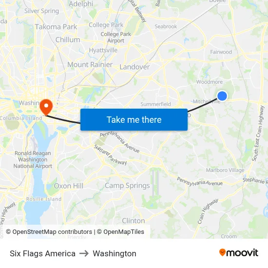 Six Flags America to Washington map