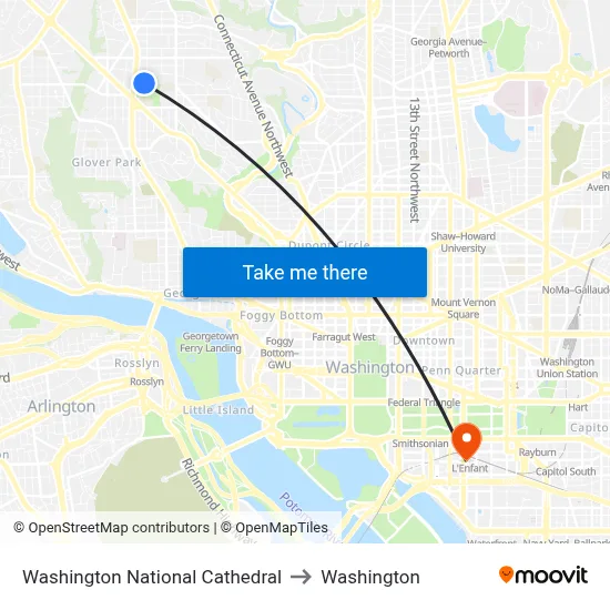 Washington National Cathedral to Washington map