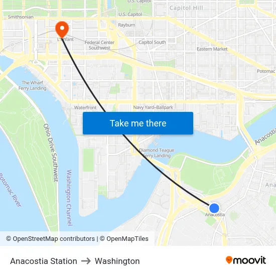 Anacostia Station to Washington map