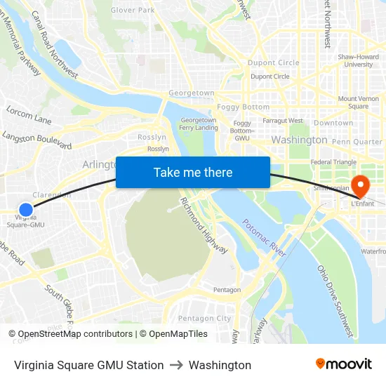 Virginia Square GMU Station to Washington map