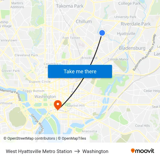 West Hyattsville Metro Station to Washington map