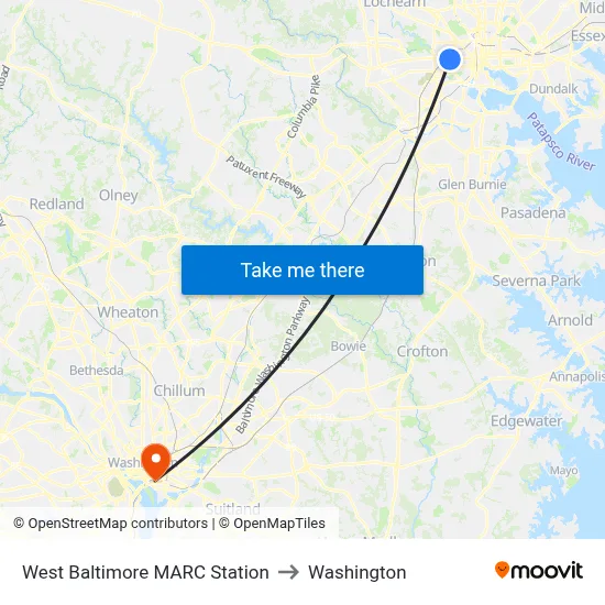 West Baltimore MARC Station to Washington map