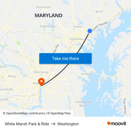 White Marsh Park & Ride to Washington map