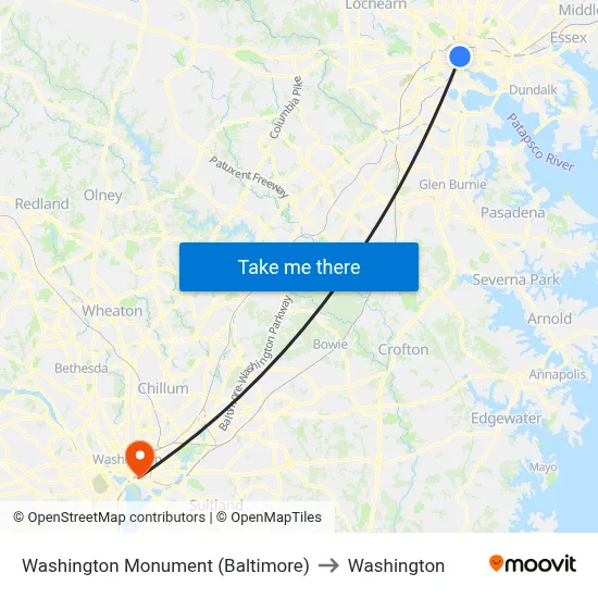 Washington Monument (Baltimore) to Washington map