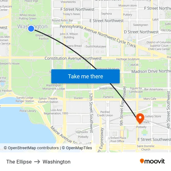 The Ellipse to Washington map