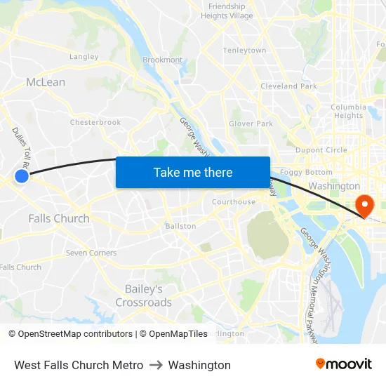 West Falls Church Metro to Washington map