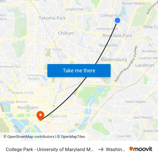 College Park - University of Maryland Metro Station to Washington map