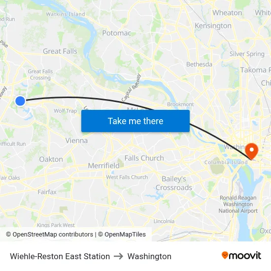 Wiehle-Reston East Station to Washington map