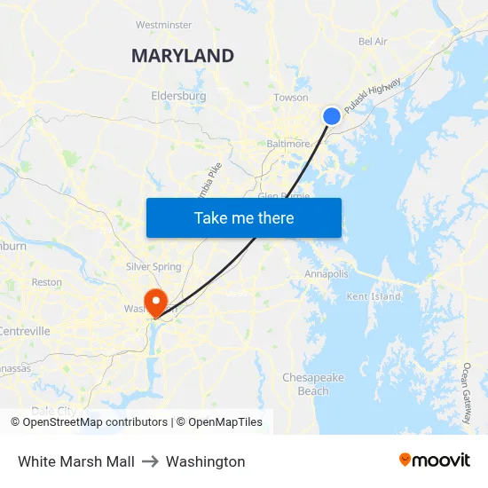 White Marsh Mall to Washington map