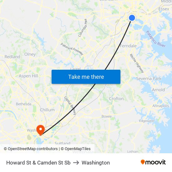 Howard St & Camden St Sb to Washington map