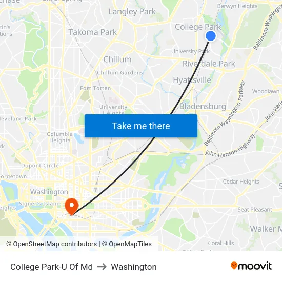 College Park-U Of Md to Washington map
