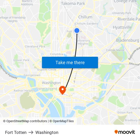 Fort Totten to Washington map