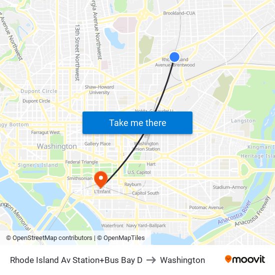 Rhode Island Av Station+Bus Bay D to Washington map