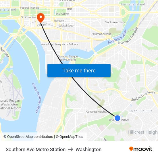 Southern Ave Metro Station to Washington map