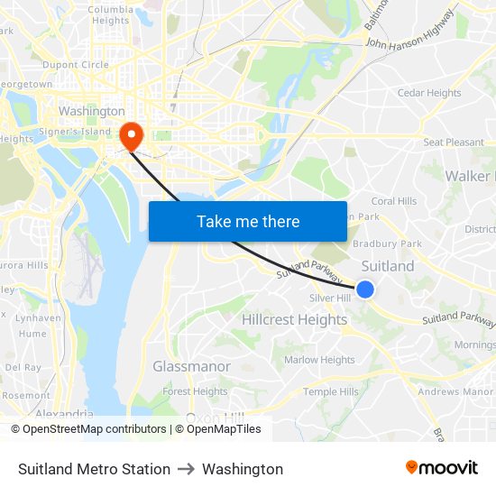 Suitland Metro Station to Washington map