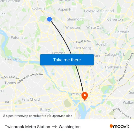 Twinbrook Metro Station to Washington map
