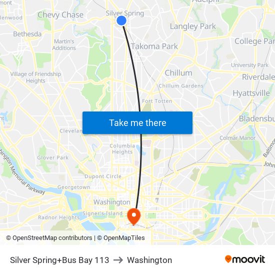 Silver Spring+Bay 113 to Washington map