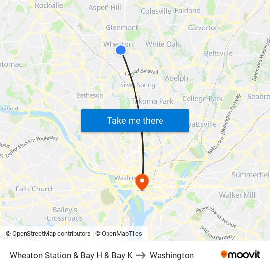 Wheaton Station  & Bay H & Bay K to Washington map