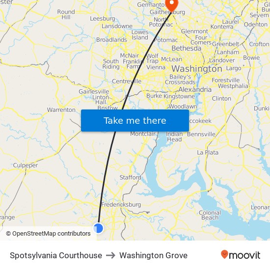 Spotsylvania Courthouse to Washington Grove map