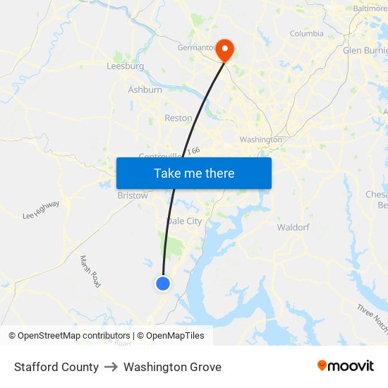 Stafford County to Washington Grove map