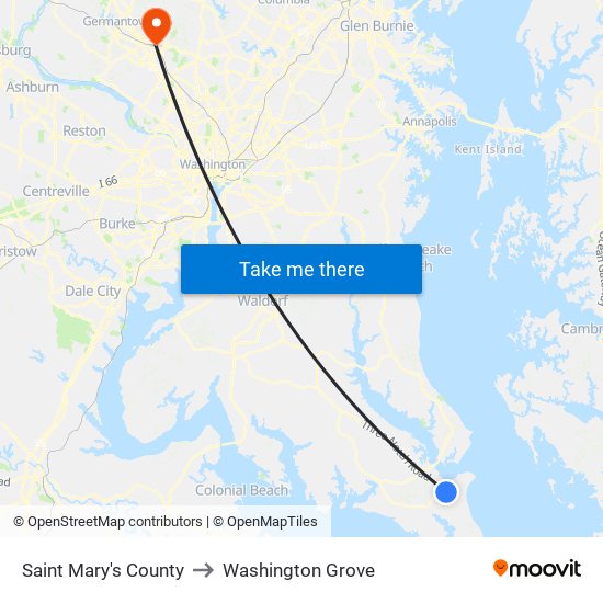 Saint Mary's County to Washington Grove map