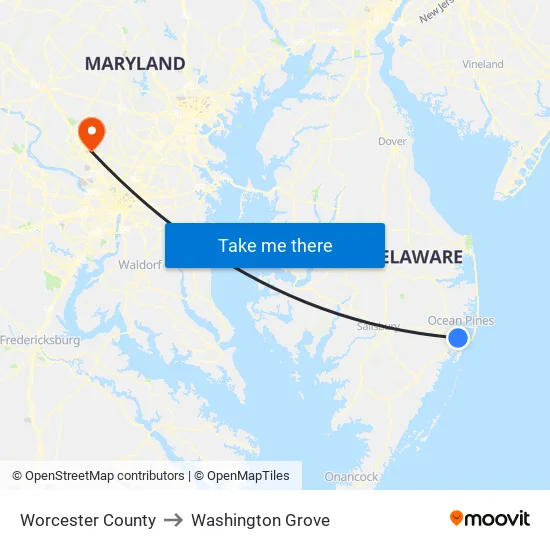 Worcester County to Washington Grove map