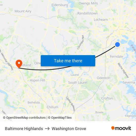Baltimore Highlands to Washington Grove map