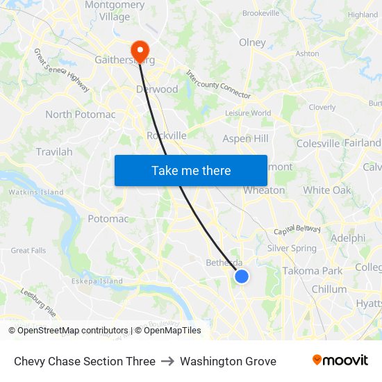 Chevy Chase Section Three to Washington Grove map