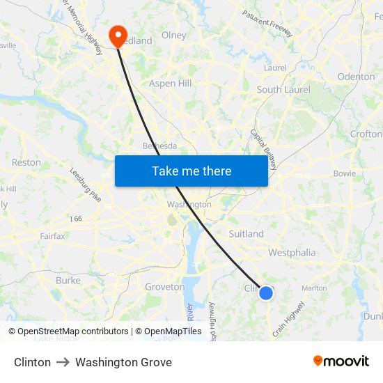 Clinton to Washington Grove map