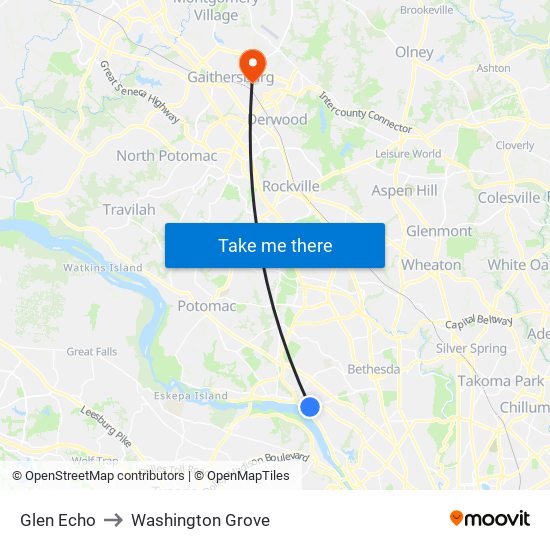 Glen Echo to Washington Grove map