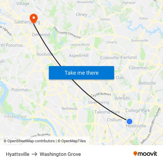 Hyattsville to Washington Grove map