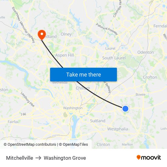 Mitchellville to Washington Grove map