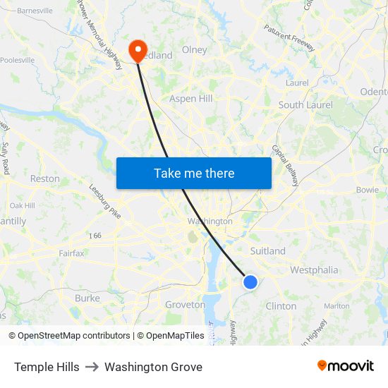 Temple Hills to Washington Grove map