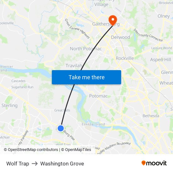 Wolf Trap to Washington Grove map