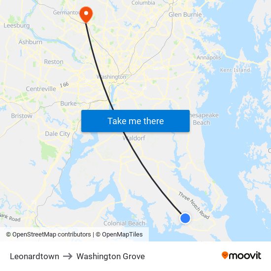 Leonardtown to Washington Grove map