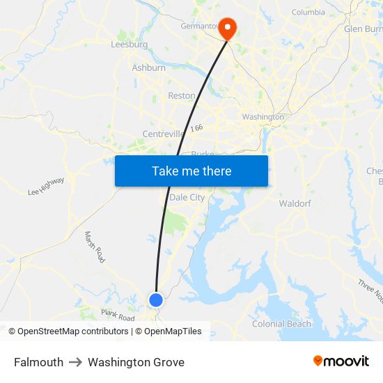 Falmouth to Washington Grove map