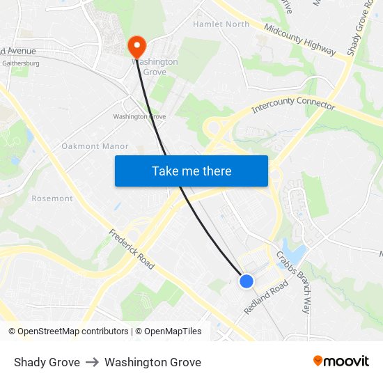 Shady Grove to Washington Grove map