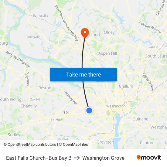 East Falls Church+Bay B to Washington Grove map