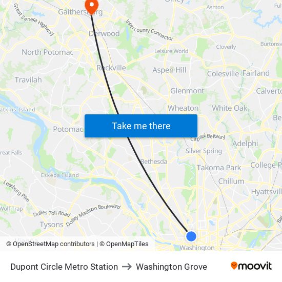 Dupont Circle Metro Station to Washington Grove map