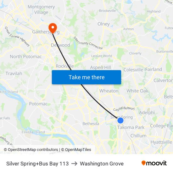 Silver Spring+Bay 113 to Washington Grove map
