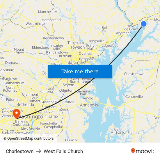 Charlestown to West Falls Church map