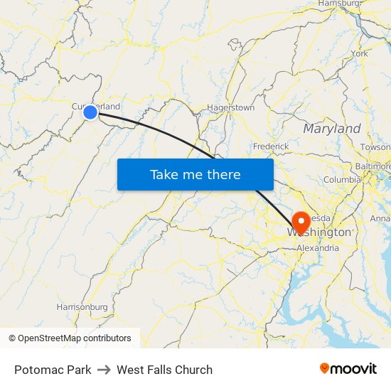 Potomac Park to West Falls Church map