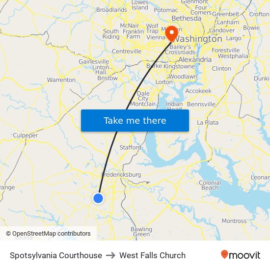 Spotsylvania Courthouse to West Falls Church map